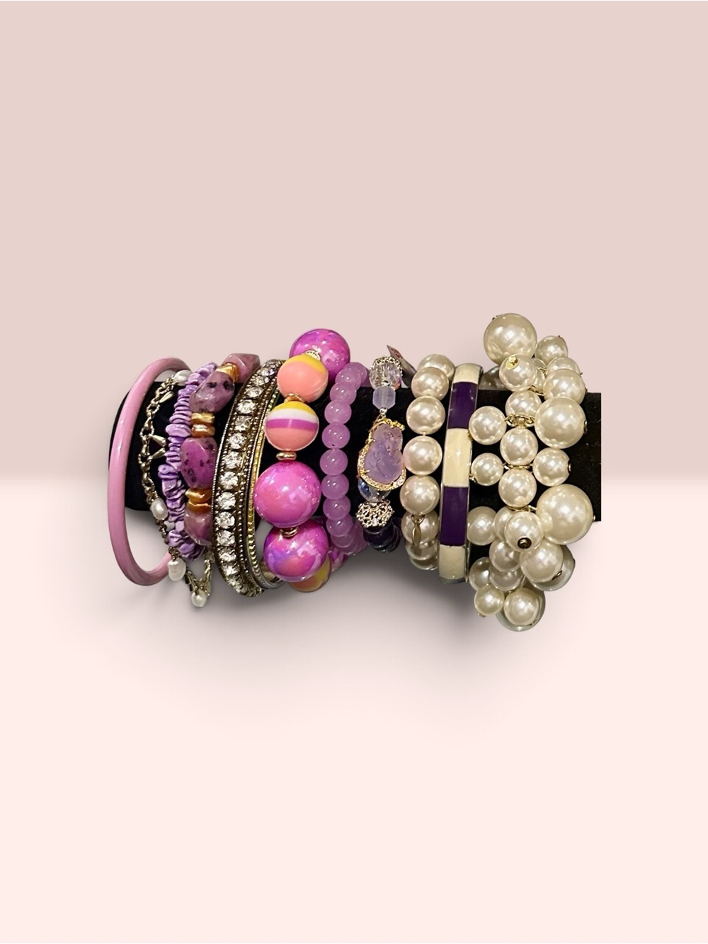 Custom Purple Pink Beaded Bracelet Stack Chunky Faux Pearl Bangles - Picture 3 of 5